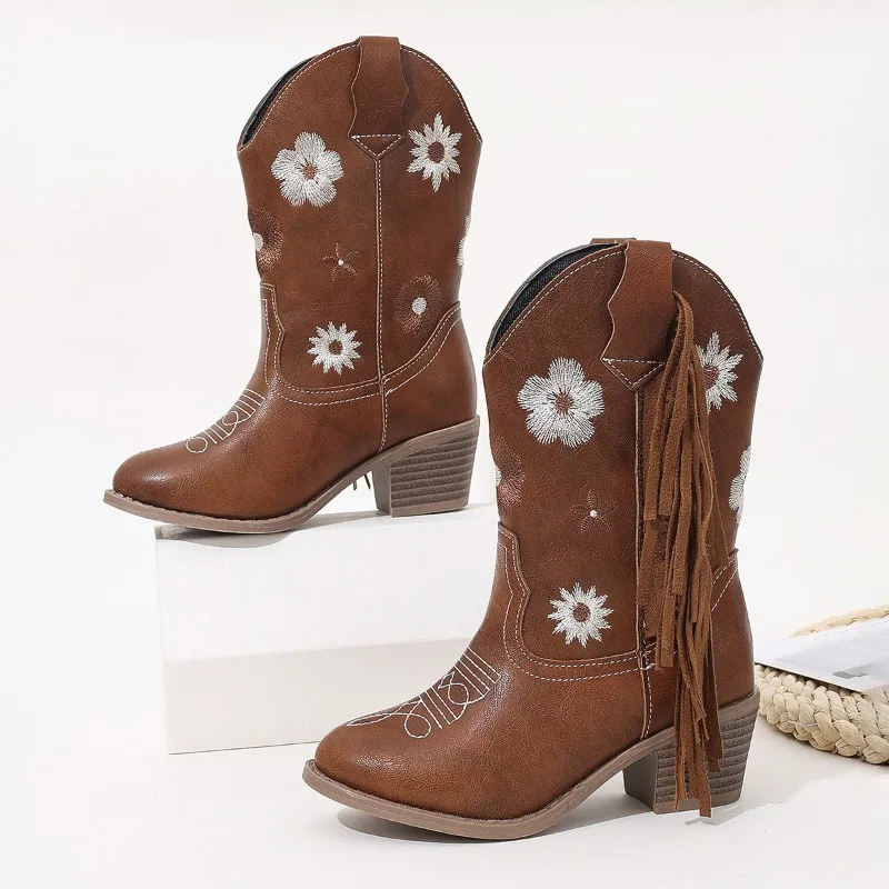 Girls Floral Embroidered Cowboy Boots Children Brown Tassel Long Boots Kids Heeled Point Toe Boots Western Style 2026 New