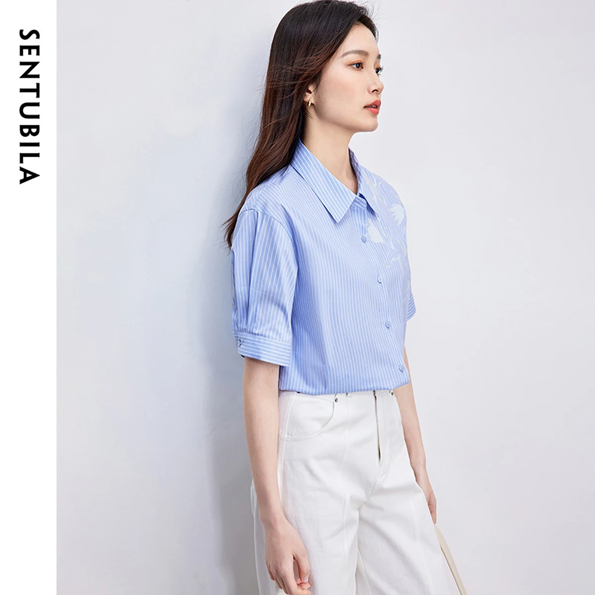 SENTUBILA Blue Artistic Print Women's Shirt 2025 Summer Cotton Striped Fashion Lapel Short Sleeve Workwear Blouse 152C59410