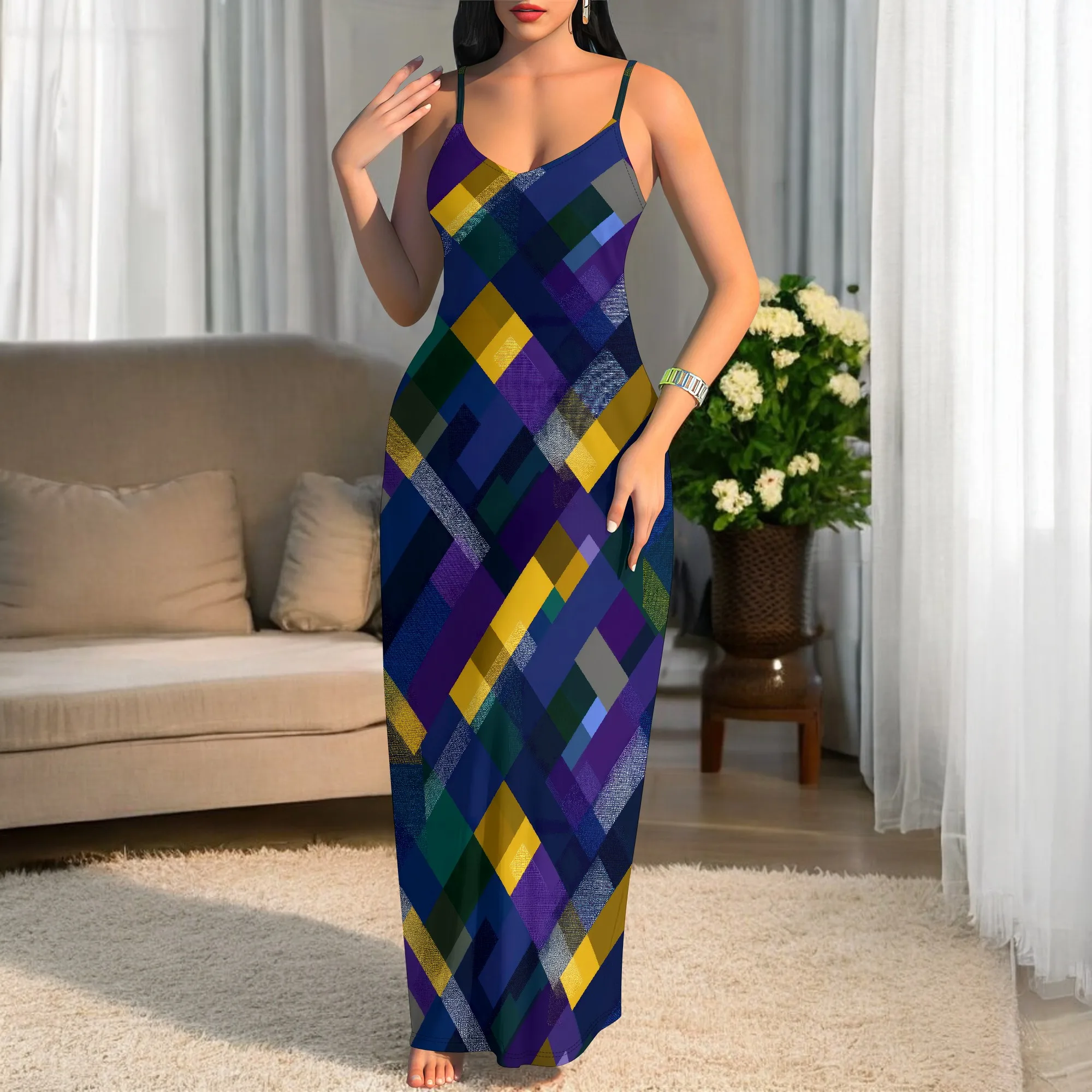 レディース夏用プラスサイズハワイアンワンピース タイダイ柄 スパゲッティストラップ マキシ丈ワンピース ビーチ ボヘミアン カジュアル サマードレス