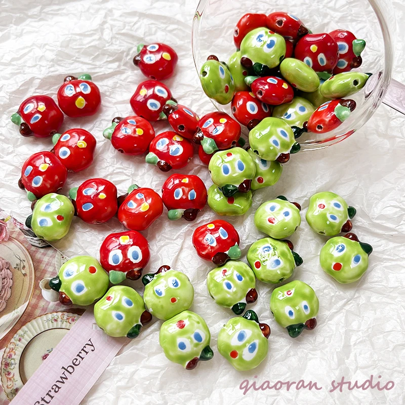 4pcs Summer Green And Red Apple Double-sided Ceramic Beads DIY Handmade Beaded Bracelet Accessories Material