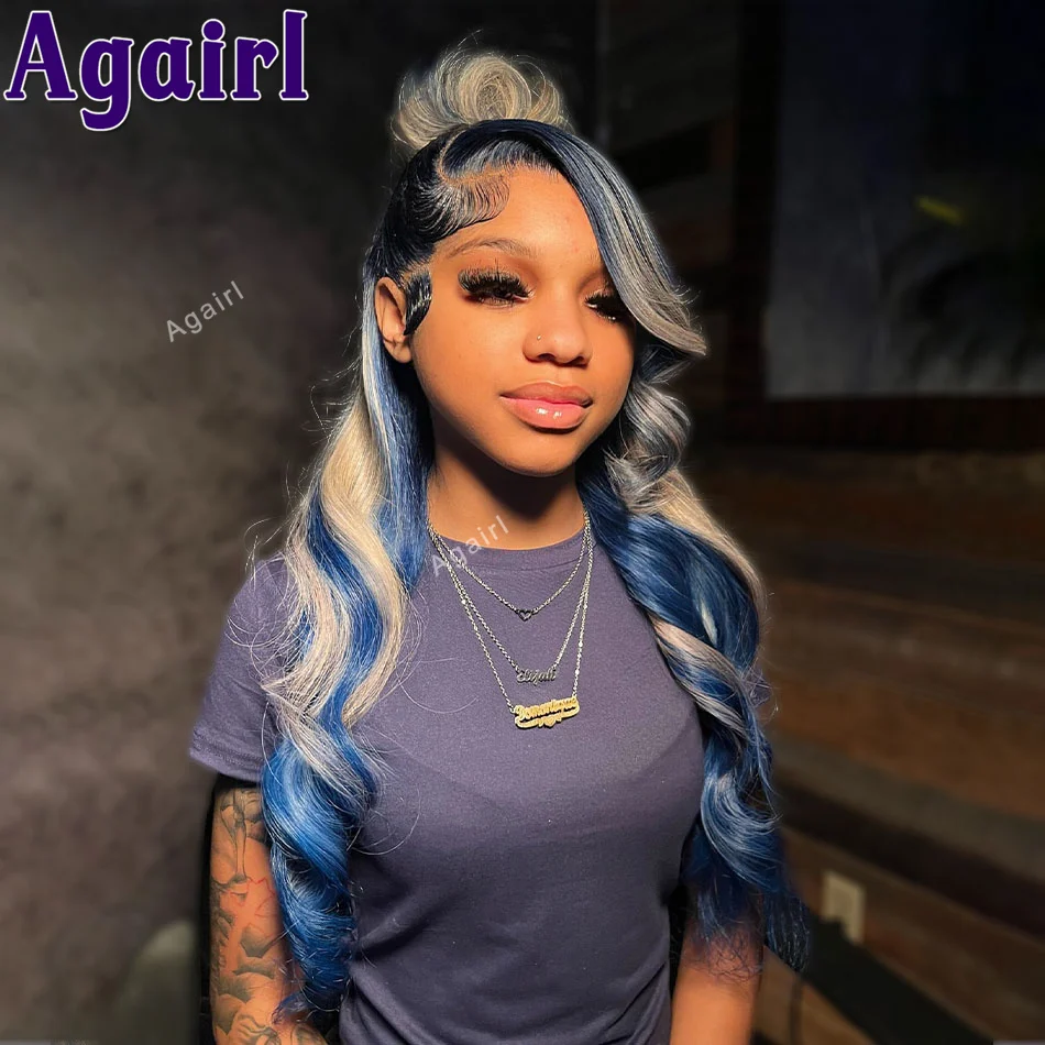 Highlight Blue With 613 Blonde Body Wave Human Hair Wigs Pre Plucked Peruvian 13X6 13x4 Transparent Lace Frontal Wigs For Woman