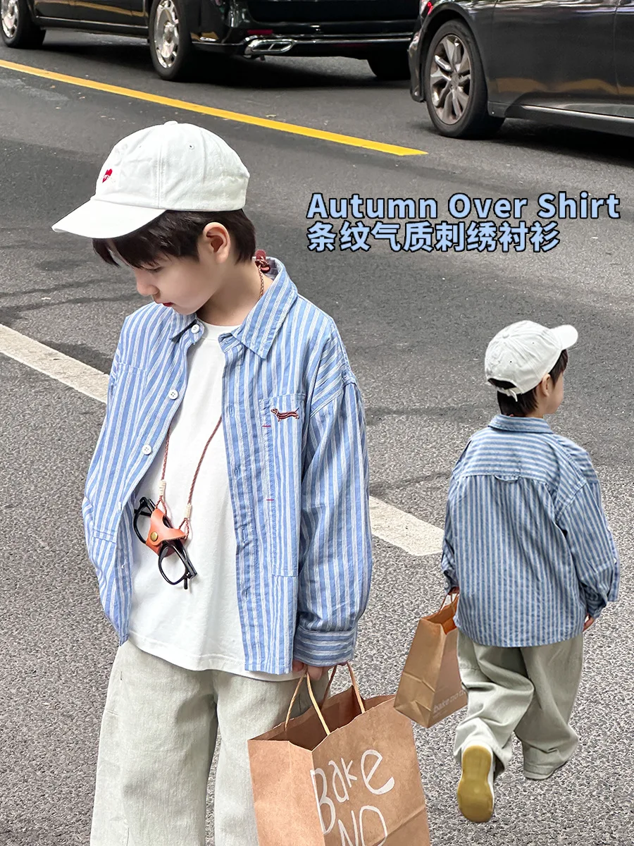 Aimo Beibei Kidsren's Shirt 2024 Autumn Boys Handsome Vertical Stripes Embroidered Lapel Top Medium and Large Kidsren's Shirt Trend