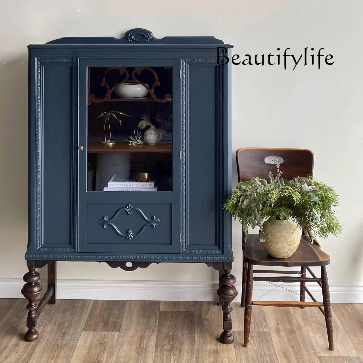 

French retro solid wood dining side cabinet American bedroom hand-carved storage locker furniture can be customized