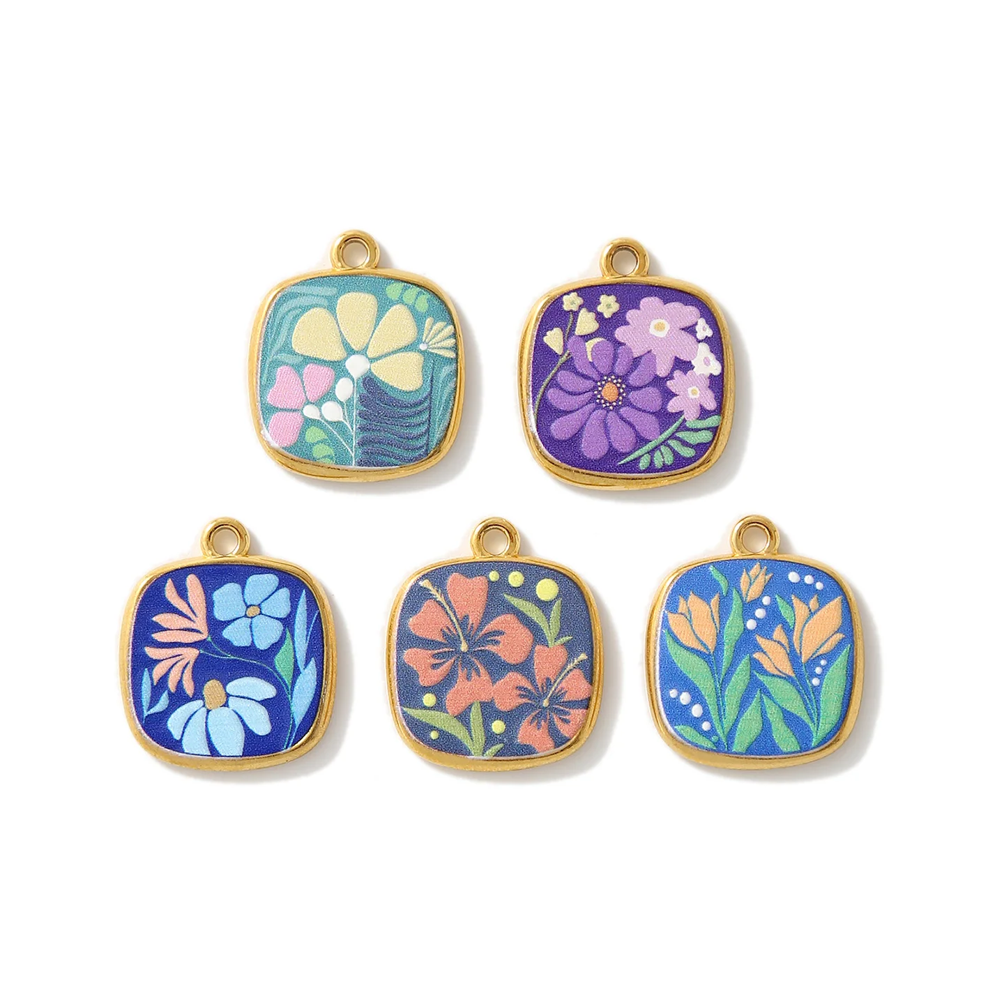 

5pcs/lot Stainless Steel Gold Plated Square Enamel Flower Necklace Pendant For DIY Charm Women Jewelry Making Supplies 18x21mm