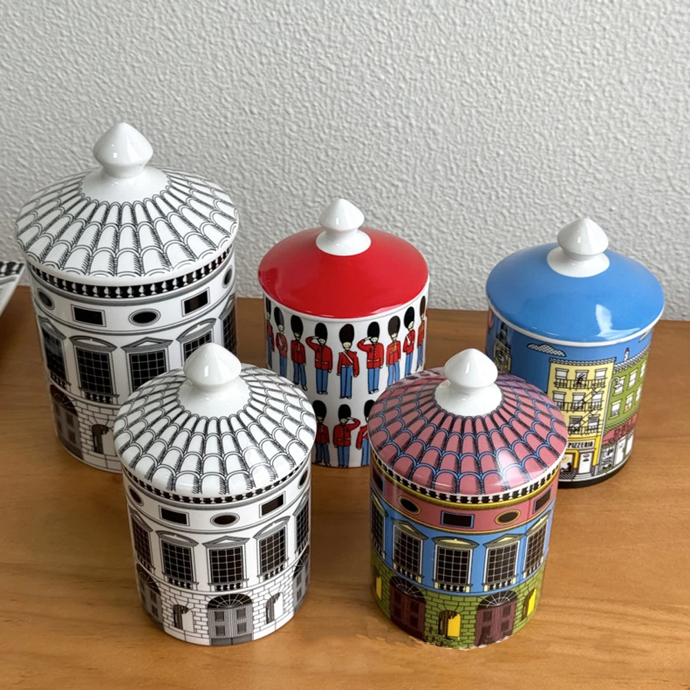 Mit Deckel Bunte Gebäude Lustige Europäische Keramik Kerzenhalter Lagerung Glas Flasche Kerzenhalter Hause Ornament Kunst Schreibtisch Dekoration