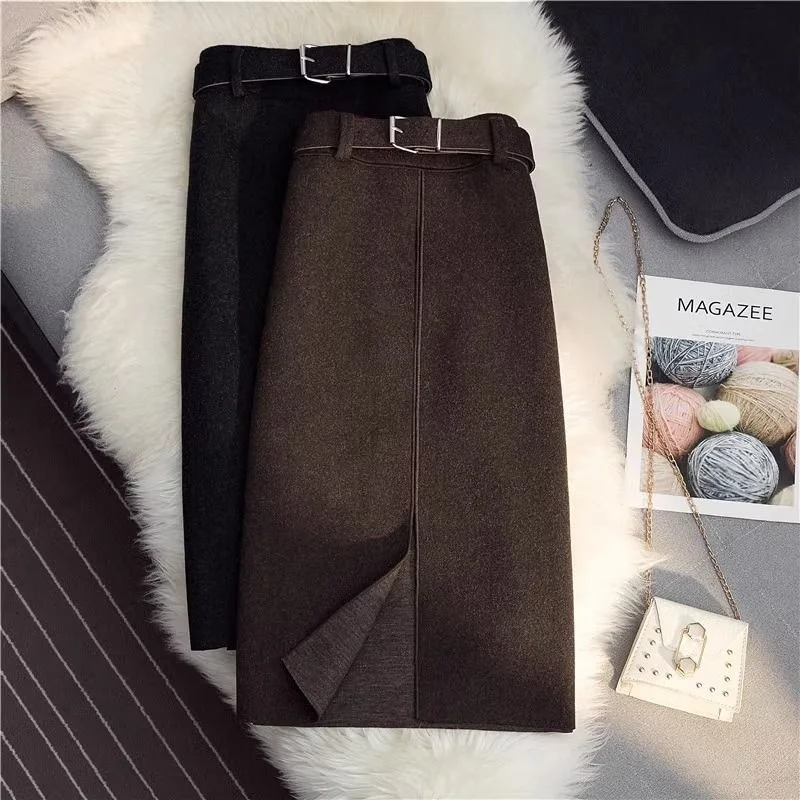 New Fashion Autumn Winter Woolen Skirt Women Solid Color High Waist Slim Fit Split Elegant Midi Skirts With Belt Office Lady