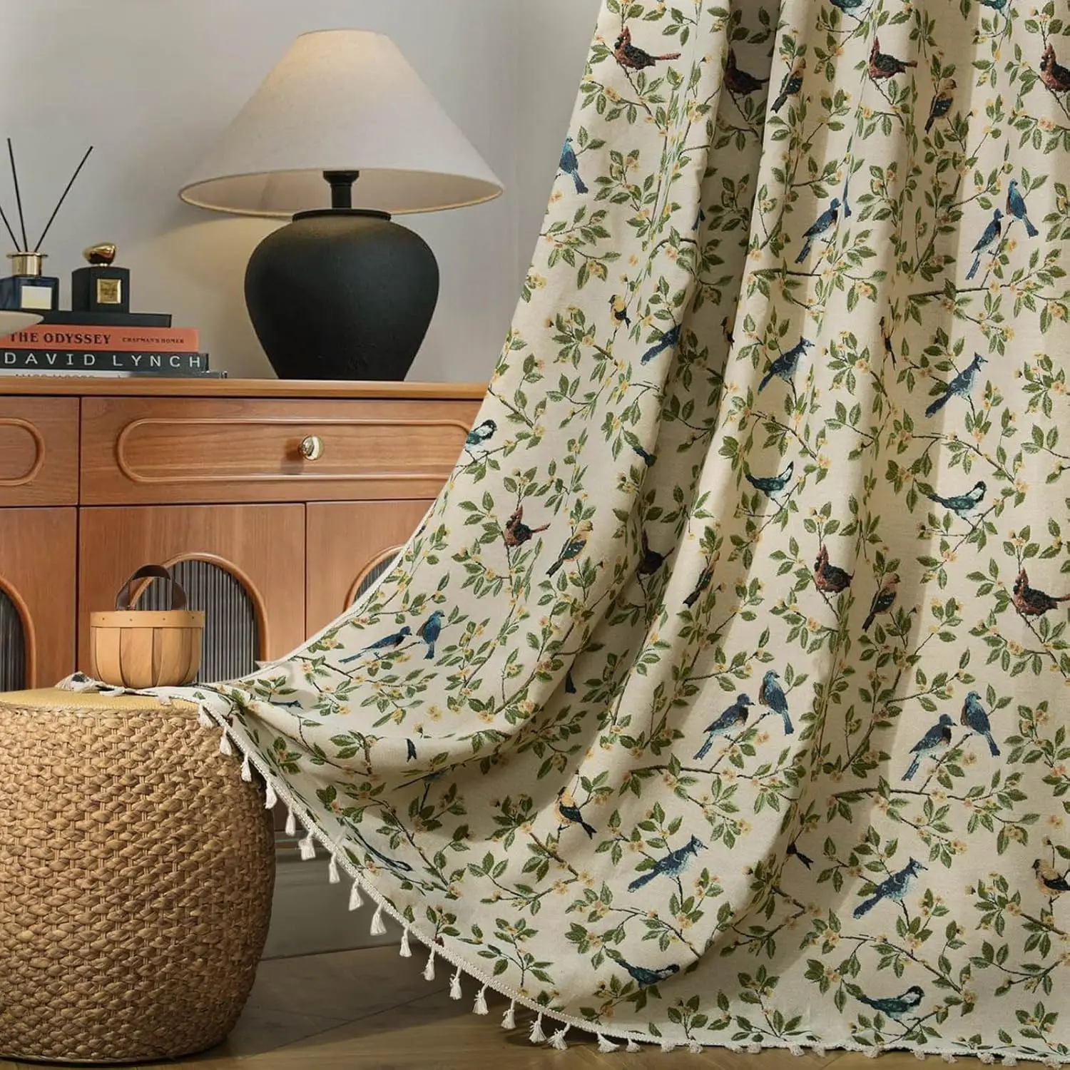 

Floral Birds Boho Jacquard Window Curtains, Light Filtering Farmhouse Decor with Tassel, Rod Pocket Design 60"X75", 2 Pieces