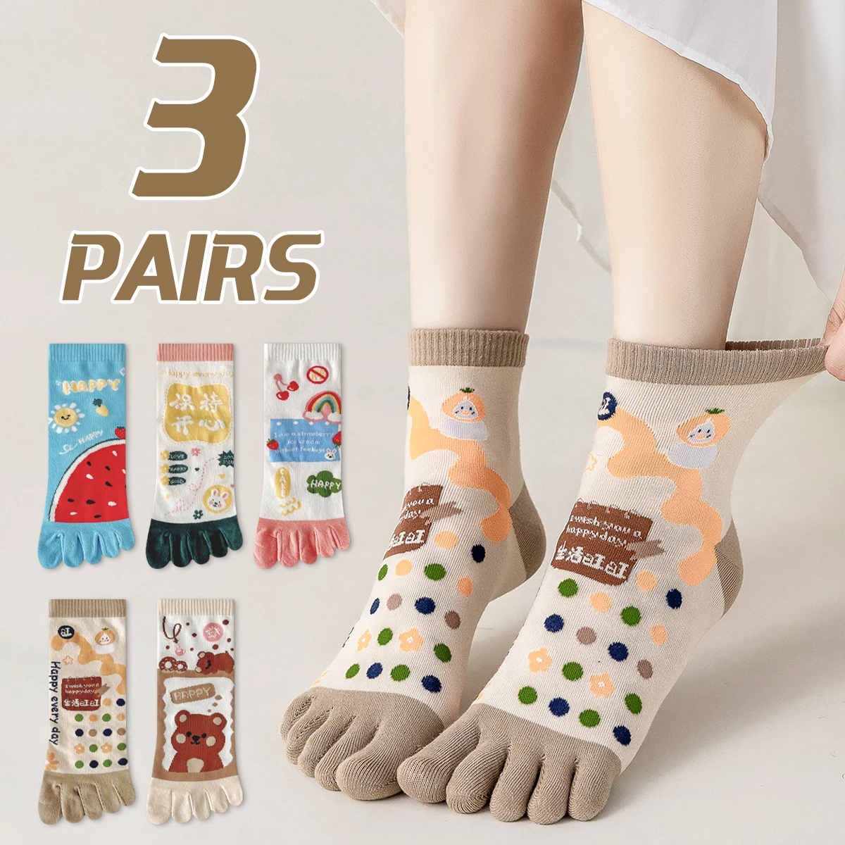 3 Paar Damen-Baumwollsocken für alle Jahreszeiten, niedliche und süße Cartoon-Socken im College-Stil, schweißabsorbierende und atmungsaktive Mid-Leg-Fünf-Zehen-Socken