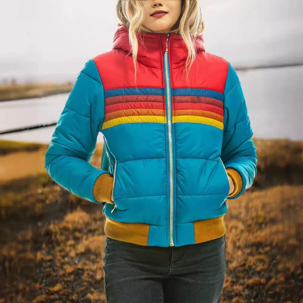 Manteau d'hiver en coton avec poches, fermeture éclair coloblock, capuche rembourrée, Cardiagn, Type court, poignets élastiques et ourlet, veste en coton