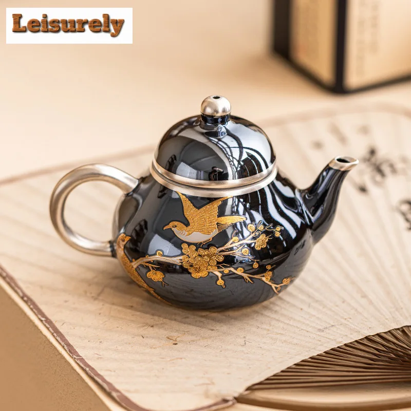 110ml High End 999 Silver Plated Teapot Creative Joyful Flower And Bird Pear Shaped Pot Tea Making Kettle For Tea Supplies Craft