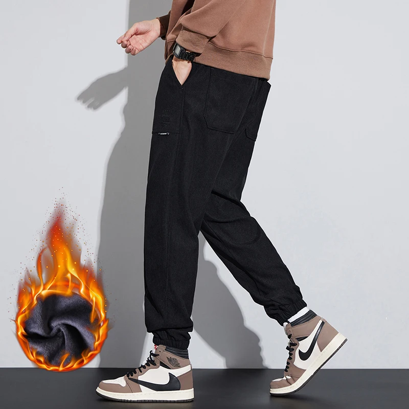 Men Corduroy Fleece Jogging Sweatpants Winter Warm Thicken Trendy Casual Pants Korean Leisure Trousers Bound Feet Male Pants