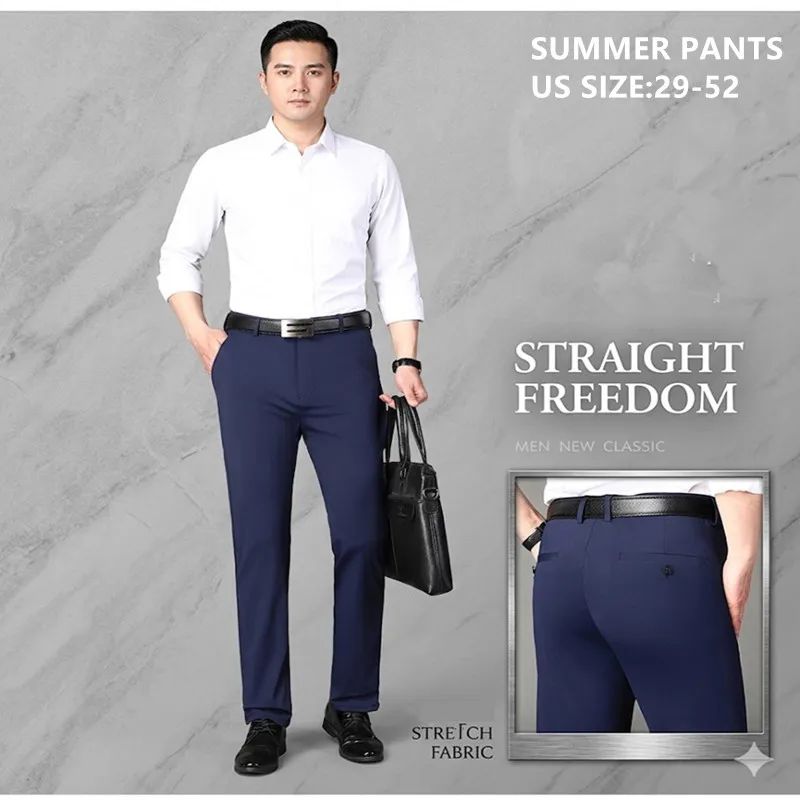Mens Stretch Business Casual Pants Big and Tall Lightweight Office Work Straight Quick-Dry Plus Size 46 48 50 52 Golf Trousers