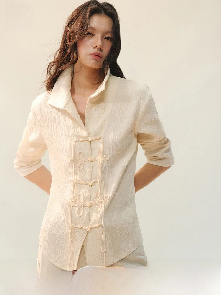 

Женская рубашка с генетически сформированным текстурным узором, новый китайский стиль, свободный крой, длинный рукав, ретро-стиль, текстурированный дизайн, повседневная.