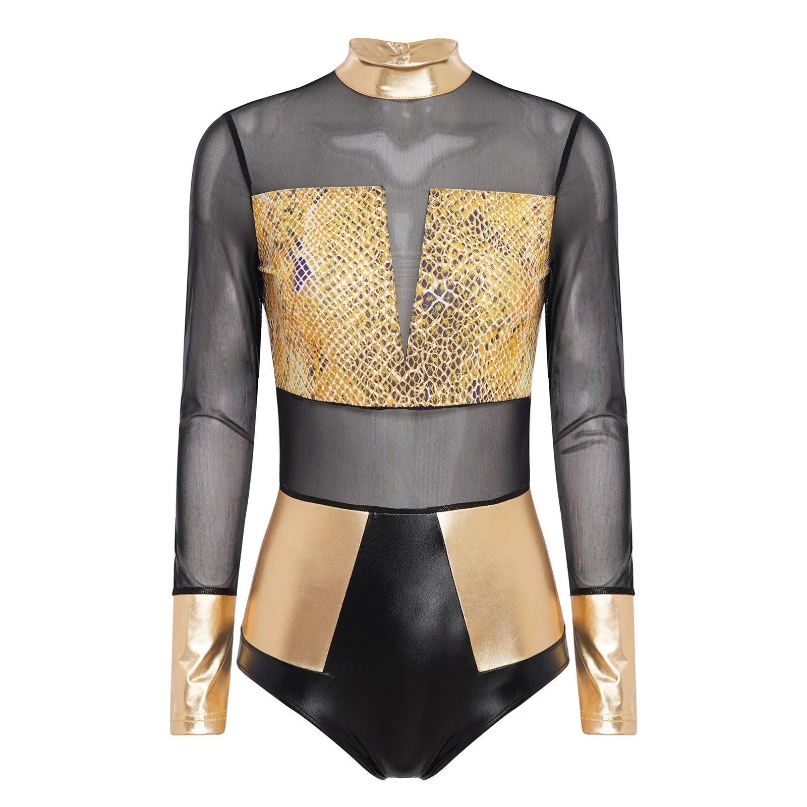 

Womens Metallic Shiny Leotard One Piece Snakeskin Pattern Print Bodysuit Sheer Mesh Raves Disco Jumpsuit Music Festival Clubwear