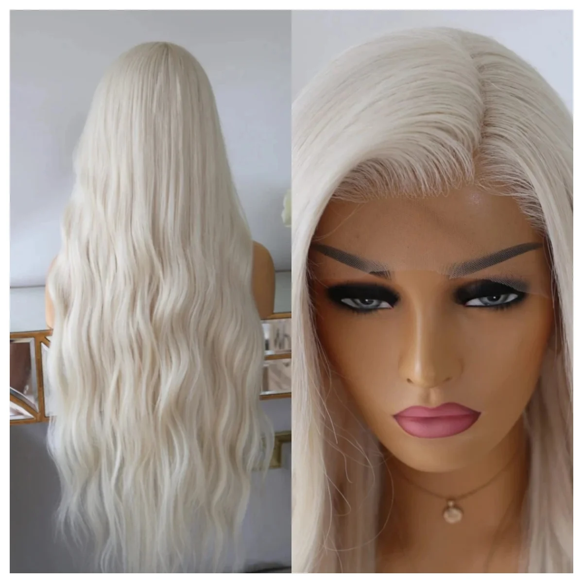 Wig Gelombang Pirang Platinum Wig Renda Depan Sintetis untuk Wanita Rambut Renda Gelombang Alami Panjang Wig Putih Hitam Merah Muda Cosplay Ikal Longgar