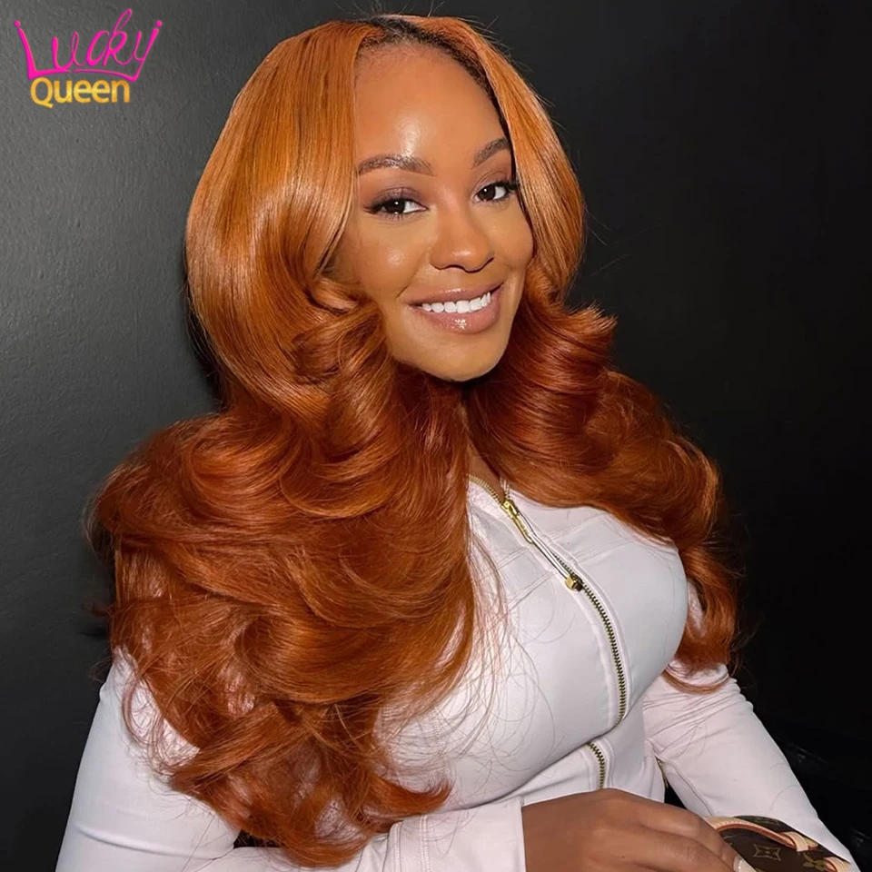Naranja Soda Remy Color jengibre cabello humano 180 densidad encaje transparente 7X5Glueless 13X4 pelucas delanteras onda del cuerpo Pre desplumado para mujeres