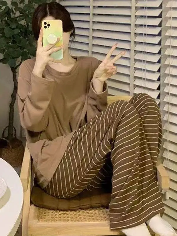 

plus Size Sleepwear Set Long Sleeve Casual Home Clothes Women's Outerwear Autumn Stripe Pattern Comfortable Loose Fit T-Shirt