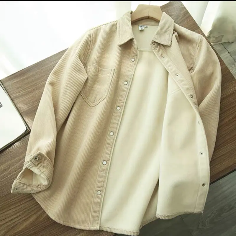 Thiened Corduroy Fce Women's irt Long Sve Casual Outerwear Top Warm Commute Sle Korean Loose Fit  Collar