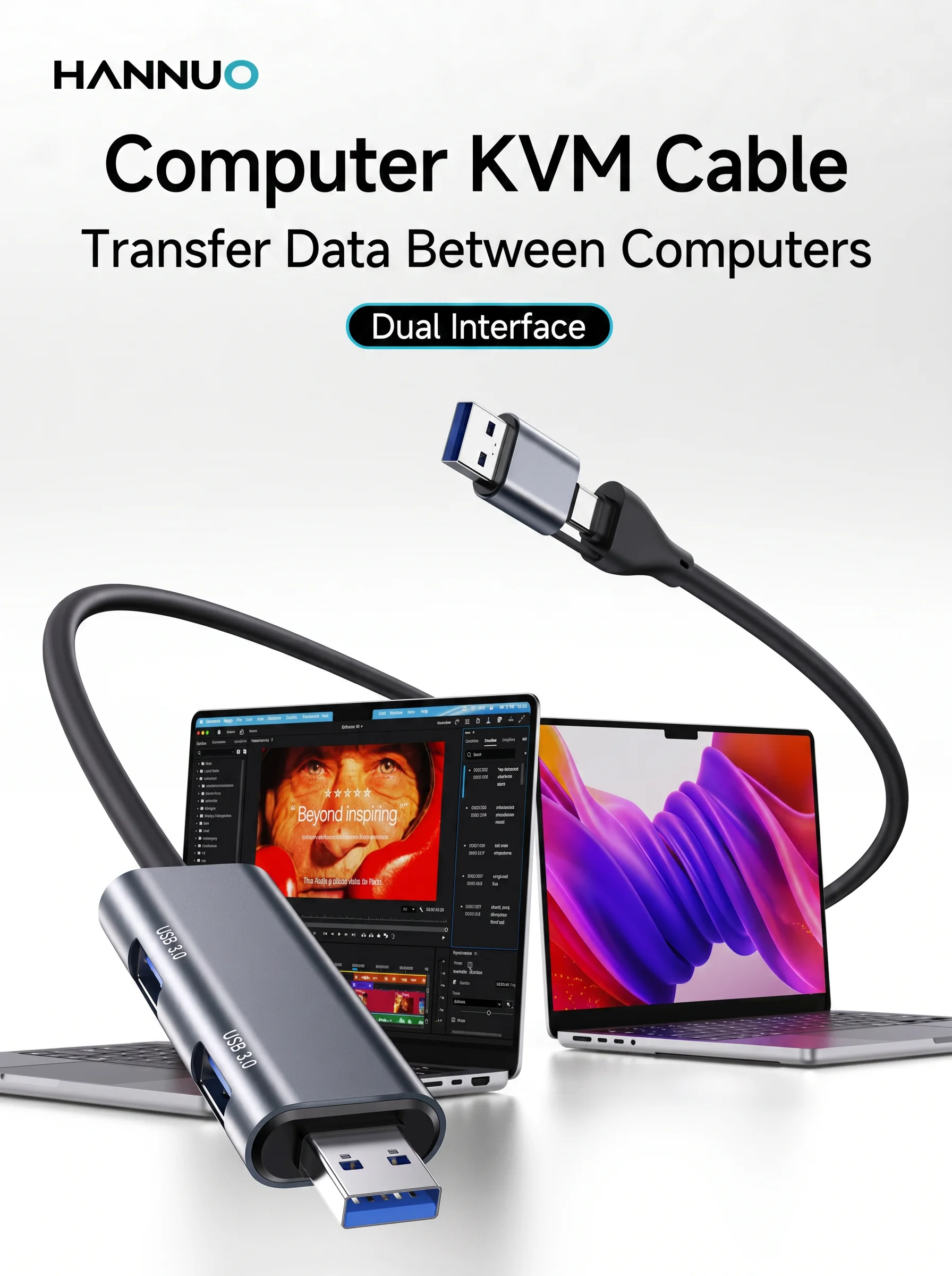 HANNUO 2 IN 1 USB 3.0 Cable Short Type C Male to Male cord for Laptop Cooling Fan/pad,Camera,USB hub,Double USB A male cable