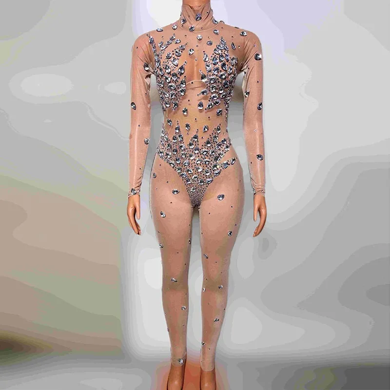 2025 라인스톤 바디수트 드래그 퀸 댄스 의상 고고 댄서 코스튬 여성 글리터 스트레칭 점프수트 나이트클럽 바 파티웨어