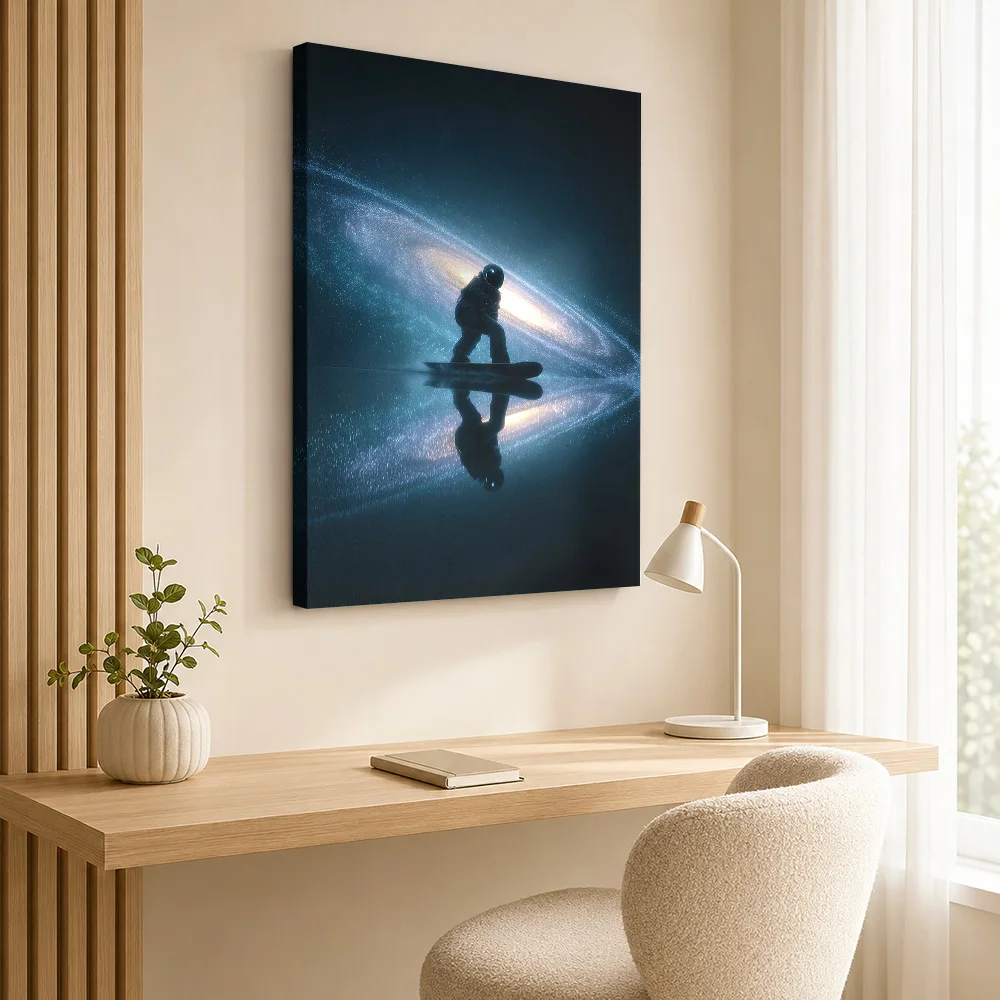 Astronaut Snowboard Space Fantasy Wood Framed Canvas Poster Customized Photo, Vivid Colors Wall Art For Study Astronomy Gift
