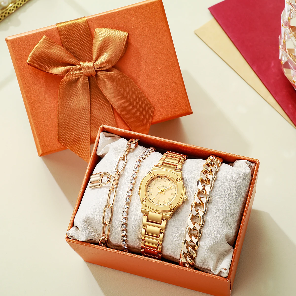 

Роскошный золотой набор: часы и браслеты — восьмиугольные спортивные часы, браслеты в стиле Cuban Link, Paperclip и Tennis, эффектный аксессуар