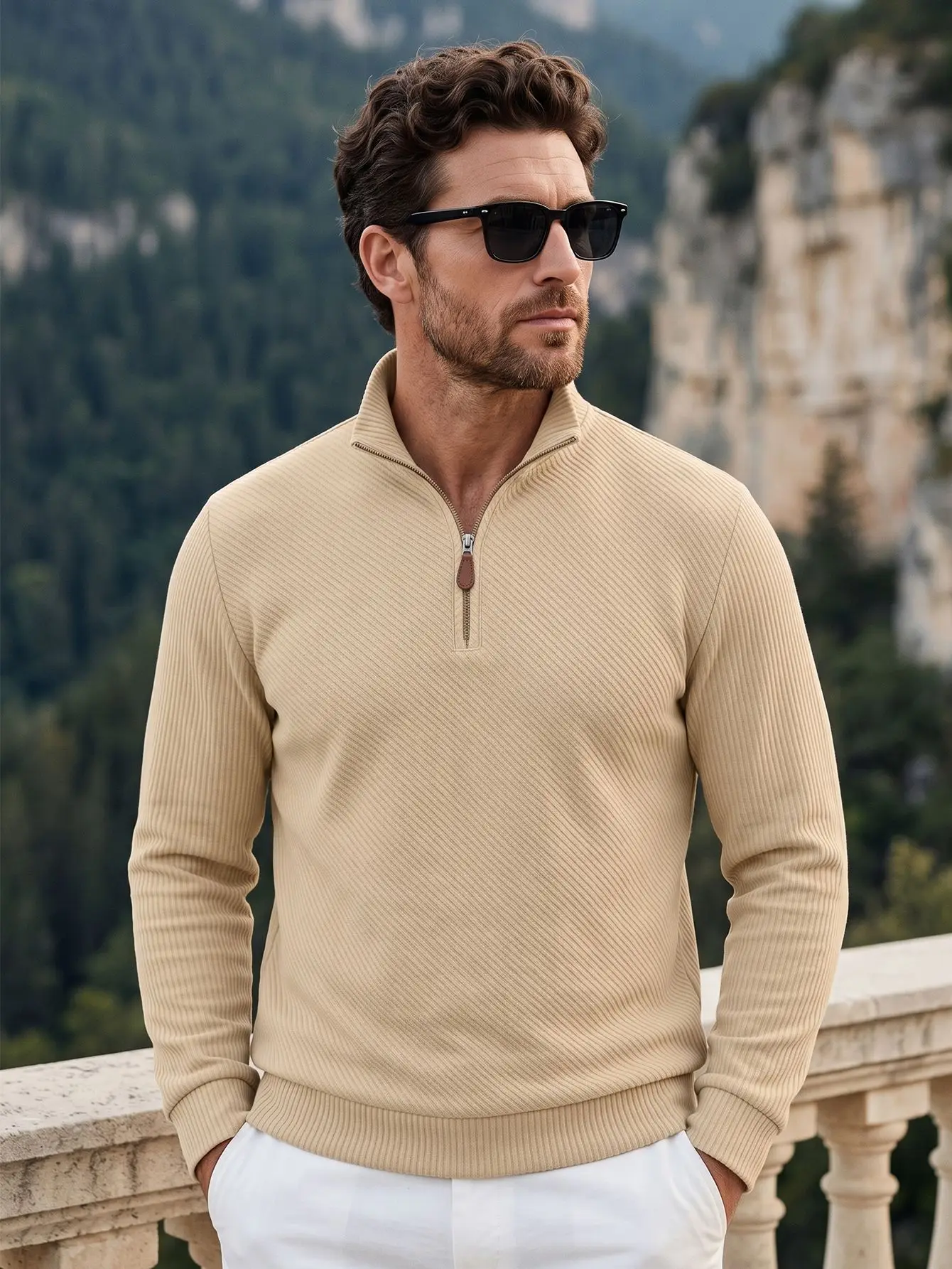 Men's Stand Up Collar Long Sleeved Top American Autumn Casual Fashion Solid Color Simple Versatile Textured Half Zip Sweatshirt
