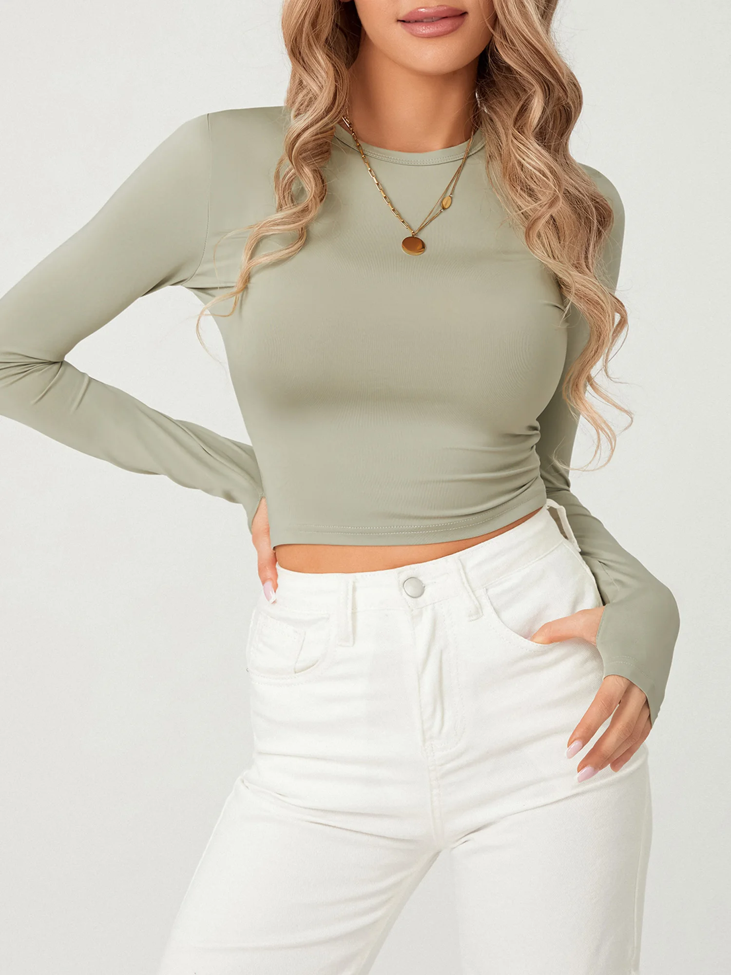 여성용 엄지 구멍이 있는 기본 티셔츠, 긴팔 크루넥, 단색 슬림핏, 기본 크롭탑, 스트리트웨어, 패션