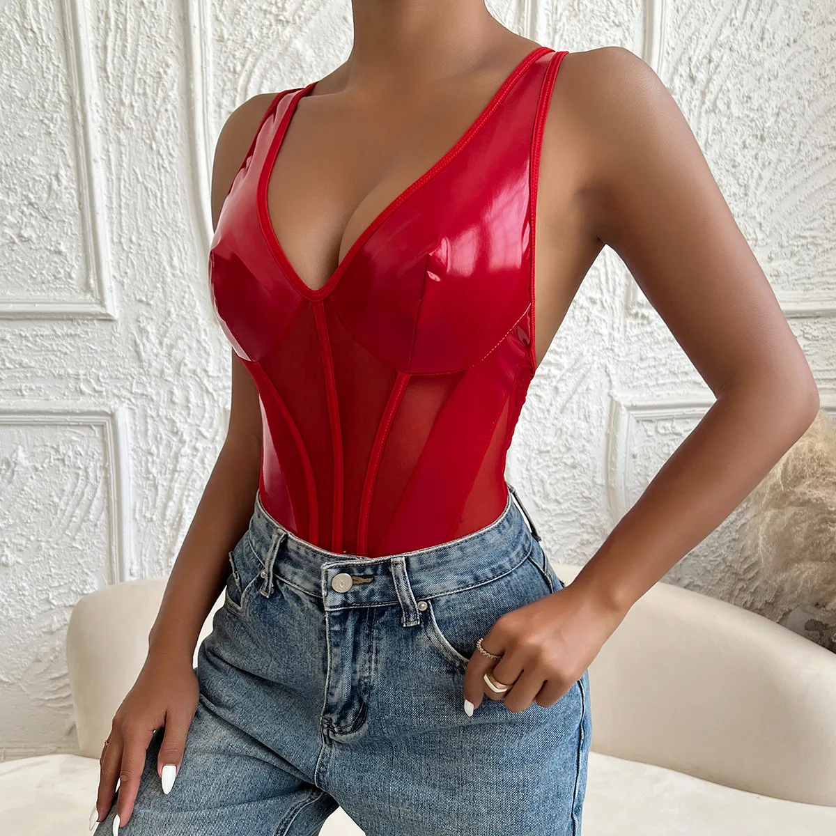 Outfitgirl セクシーなVネック反射PUレザー スプライスジャンプスーツ ハイウエスト オートパンツ ストリート スタイリッシュなインナー＆アウター...