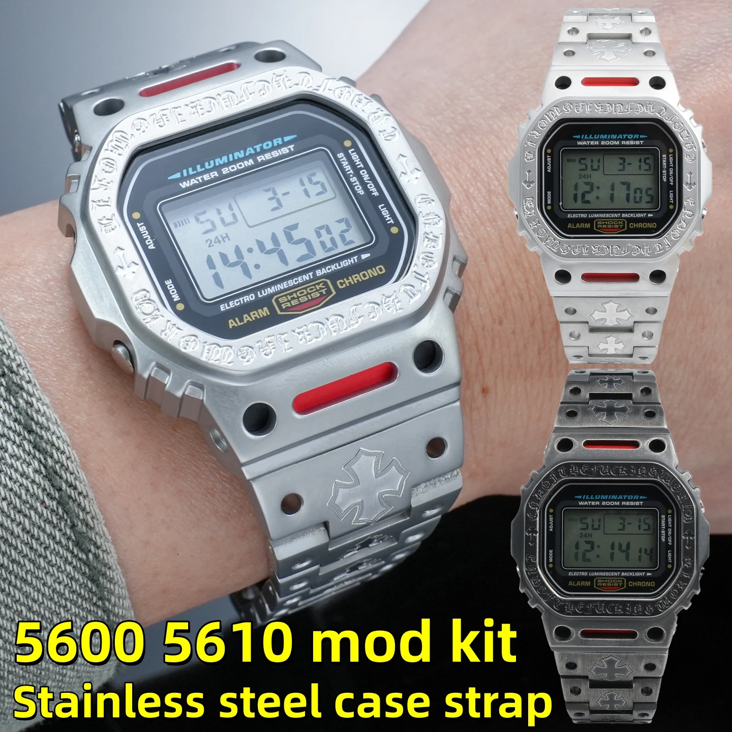 

For Casio DW-5600 DW-5610 Mod kit Stainless Steel Metal Case Watch Band Strap Silver Black Color Vintage Engraved Replacement