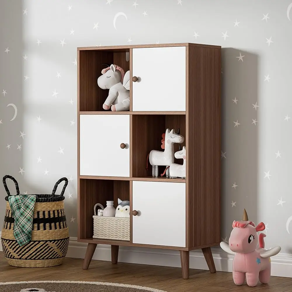 

Oak and 6 Cube Organizer, 3-Tier Bookshelf with Doors, Wooden Cubby Display Bookcase, Cabinet Room, Bedroom Small shelf