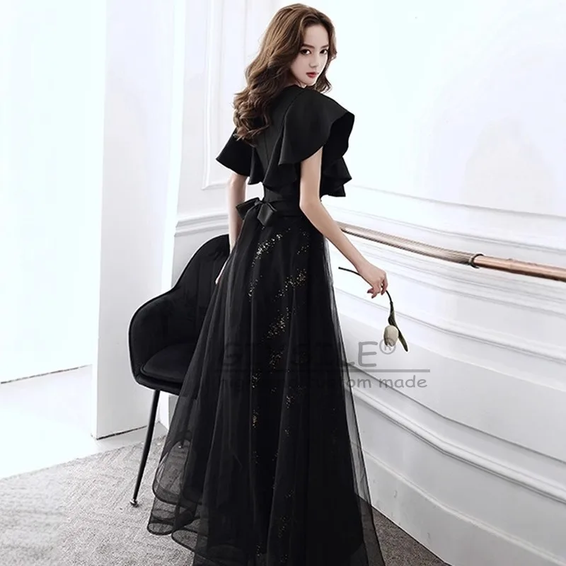 

GIYSILE Customized V-neck Black Evening Dress 2025 New Female Banquet Temperament Short Sleeve Waist Fishtail Zipper Back