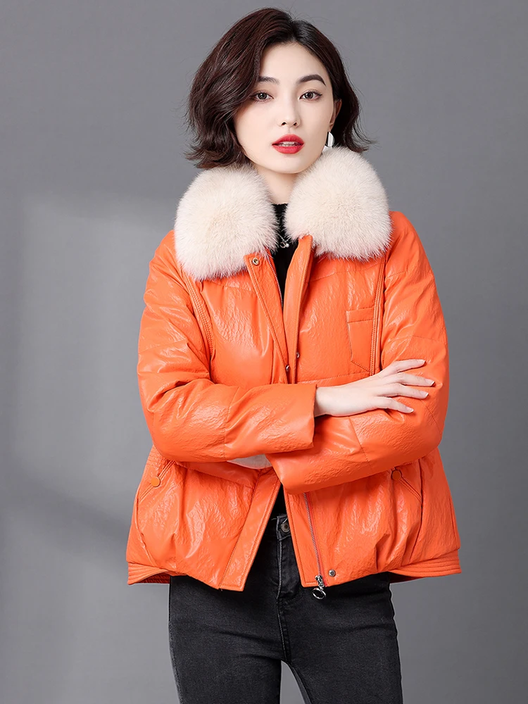 

Women Genuine Leather Jacket Natural Mink Fur Collar 2024 Short Real Sheepskin Coat Female Warm Winter Down Coats