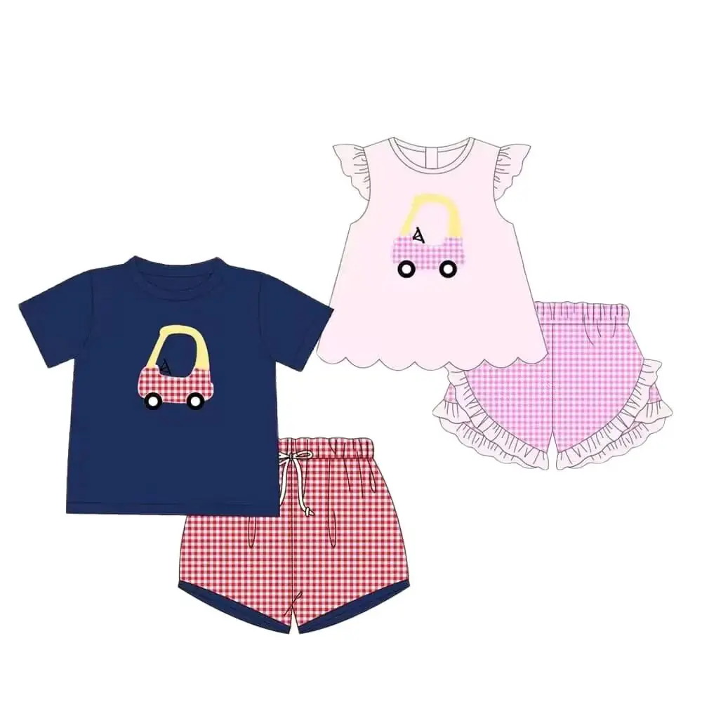 Conjunto de Boutique para niños, pantalones cortos con estampado de coche de perlas, pantalones cortos a cuadros de encaje para niñas y niños, conjunto de manga corta a cuadros, seda de leche