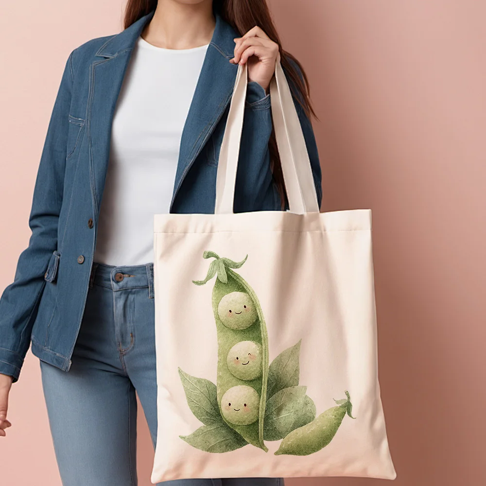 1pc of 2D Flat Printing Featuring an Adorable Pea Pod And Garden Tote Bag - a Reusable Grocery Bag Adorned with Green Beans And view 2
