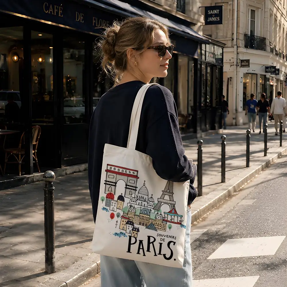 Travel French Iconic Romantic Paris Storage Bags Reusable Canvas Tote Suitable for School Class Commuting Shopping as Gifts