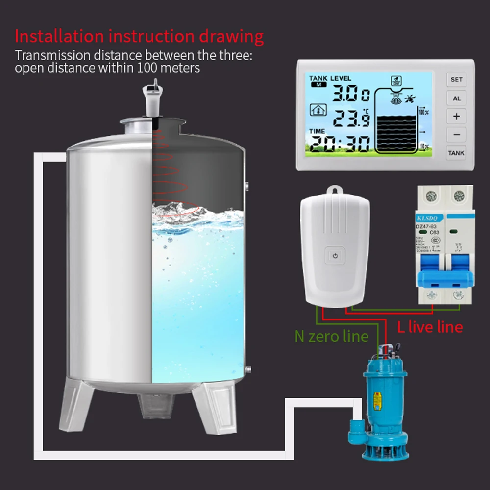 TS-FT001 Wireless Ultrasonic Water Tank Liquid Level Meter with Temperature Time Display Water Level Meter Low Battery Indicator