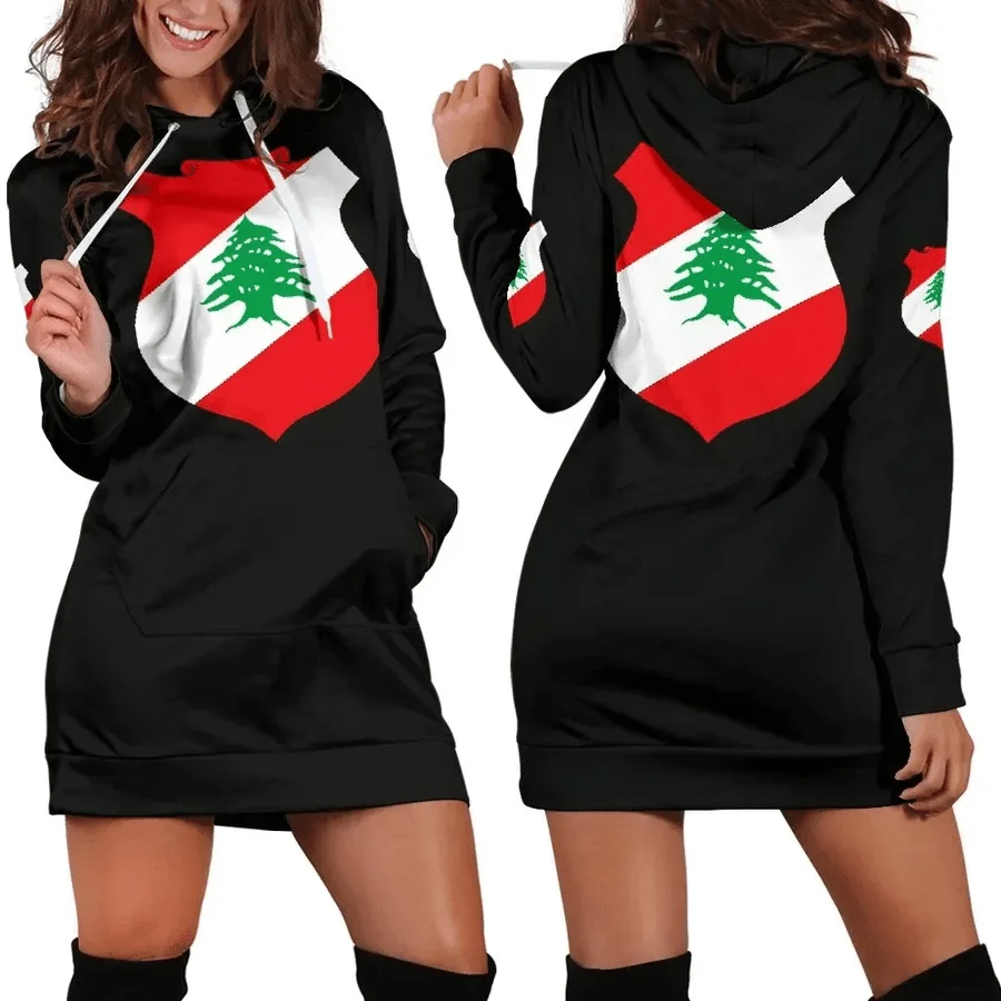 Lebanon Flag Hoodie Dress Women\'s Spring Summer New Retro Harajuku 3d Printed Flag Pullover Casual Sexy Women\'s Hoodie Dress