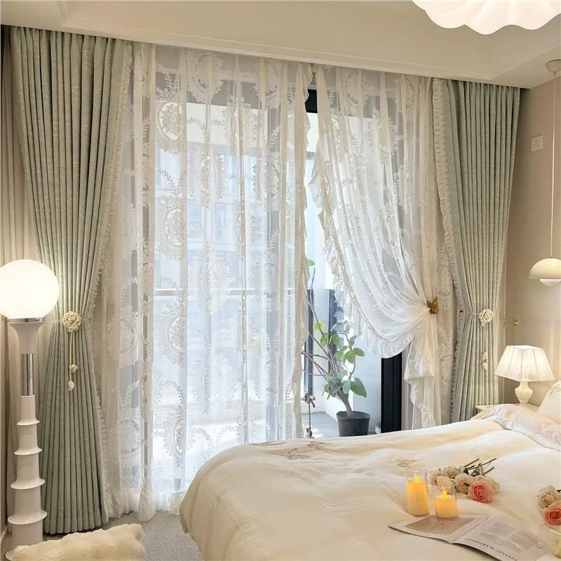 Custom Size Luxury French Retro Blue Wind Chime Chenille Curtains Bedroom Living Room High-end Luxury Elegant Decor Lace