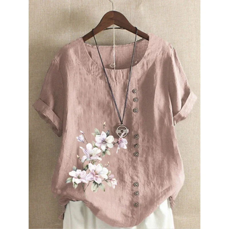 Elegant Comfortable Cotton Linen T-Shirt Women New Single-breasted Splicing Decoration Tops Female Casual Flower Print Tees 2024