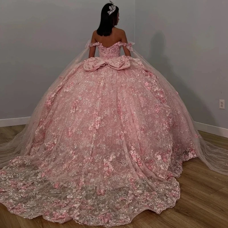 Vestido De baile De quinceañera con apliques De lentejuelas De cristal rosa, vestido De quinceañera, hombros descubiertos, cintas De lazo, corsé, 15 Años