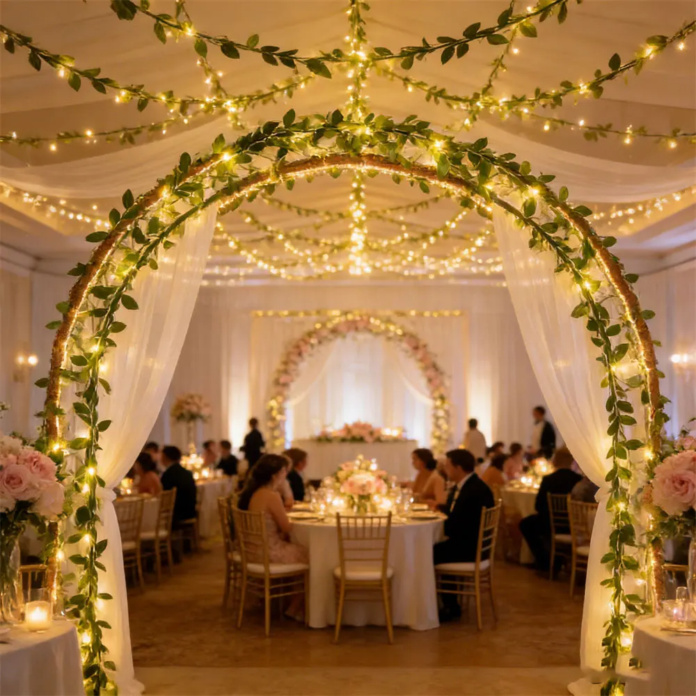 Wedding Party LED Green Rattan Leaf Battery Power Garland Lamp Indoor Outdoor Garden Ramadan Home Decoration Fairy Lights String