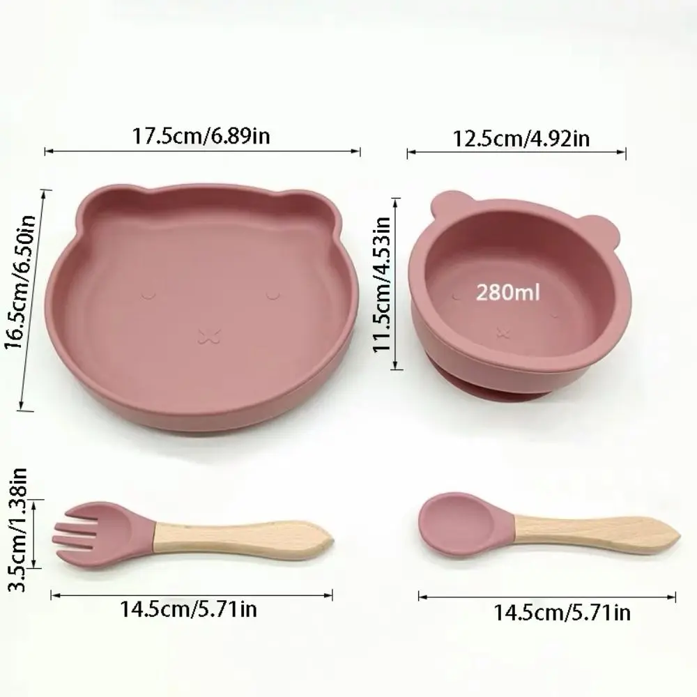 Set Peralatan Makan Bayi Beruang Kartun Anti-Selip Tahan Pecah Piring Silikon Bayi dengan Pengisap Bebas BPA Mudah Dibersihkan Peralatan Makan Anak-anak
