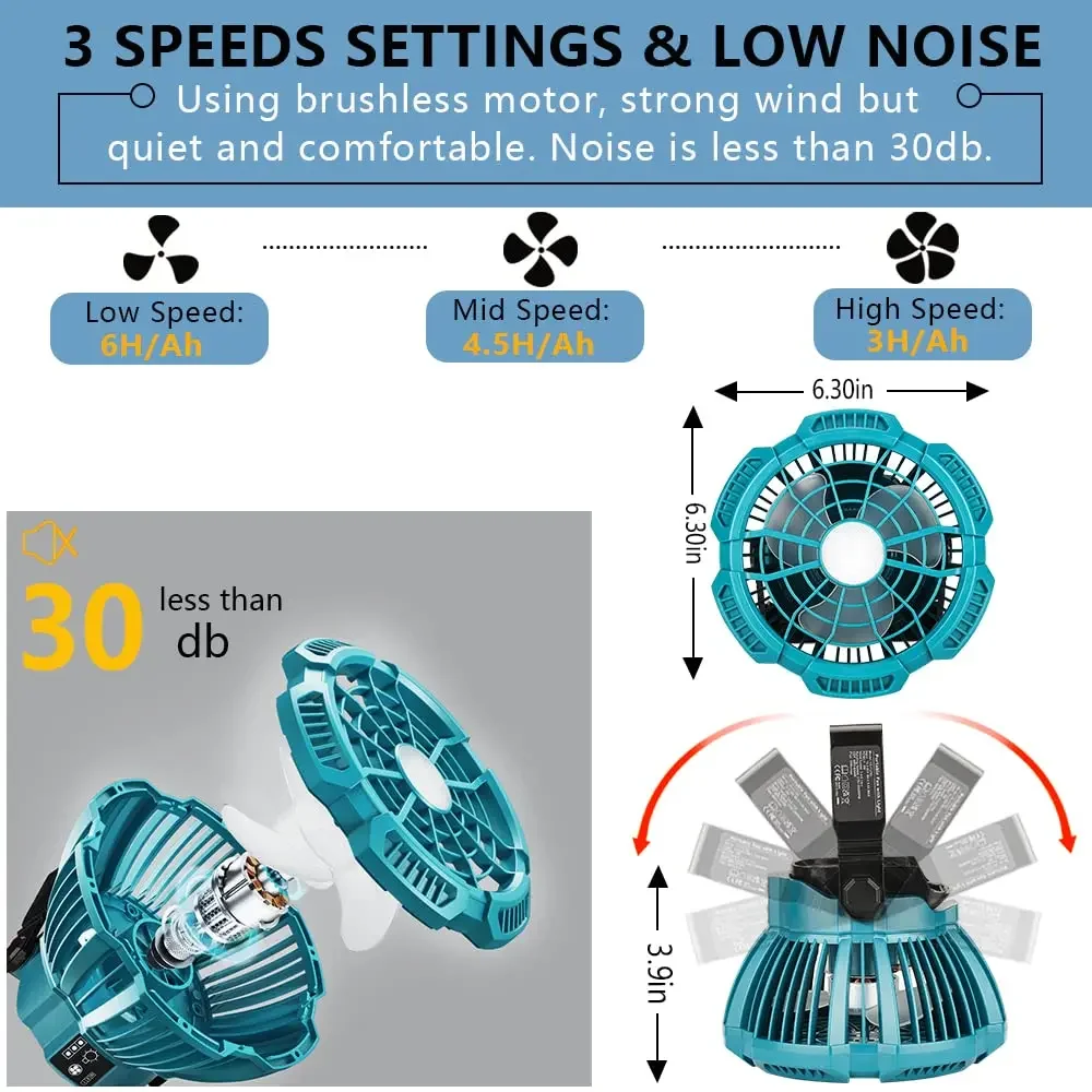 Tragbarer kabelloser Campingventilator mit Fernbedienung und LED-Leuchten für Bosch 18 V Li-Ion-Akku für Autoreparatur und Notfall