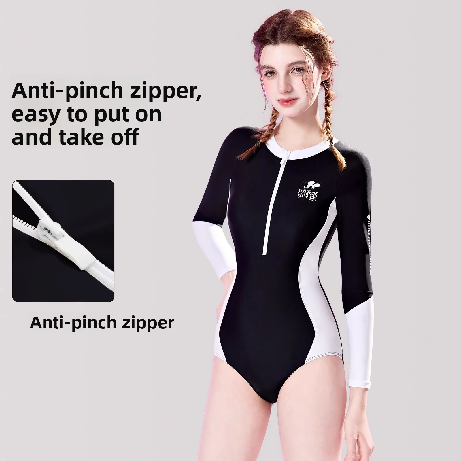 Disney Swimsuit Women's 2025 New One-piece Slim and Thin Sunscreen Long-sleeved Conservative Quick-drying Fashion Swimsuit