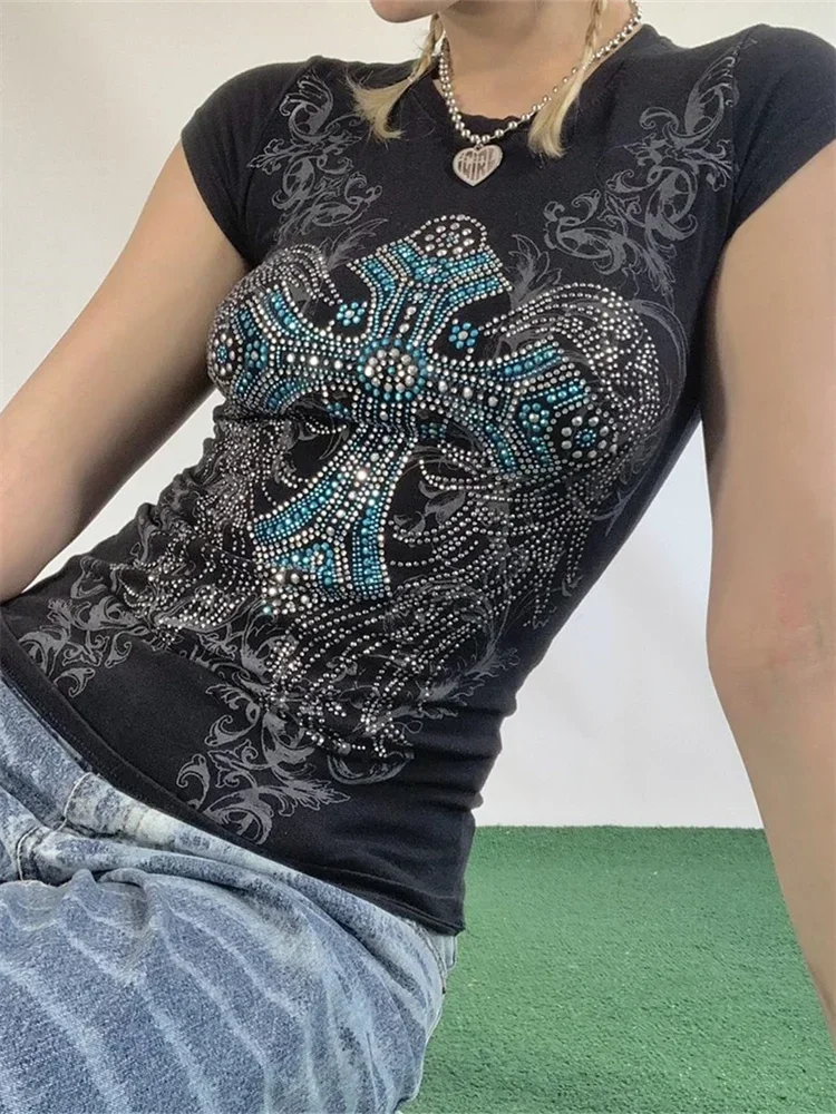 Women Summer T-shirt Rhinestone Retro Print Short Sleeve Round Neck Slim Fit Tee Tops Gothic Punk Shirts