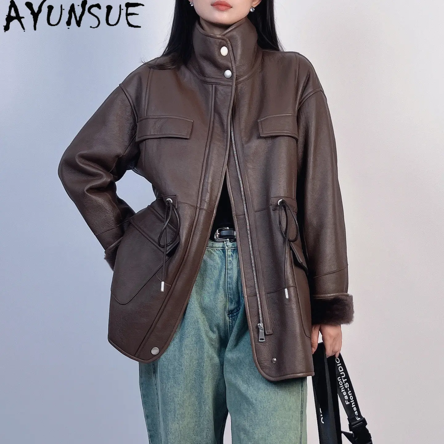 

AYUNSUE Женская куртка из натуральной овчины, теплая зимняя одежда, мотоциклетные куртки, пальто женское