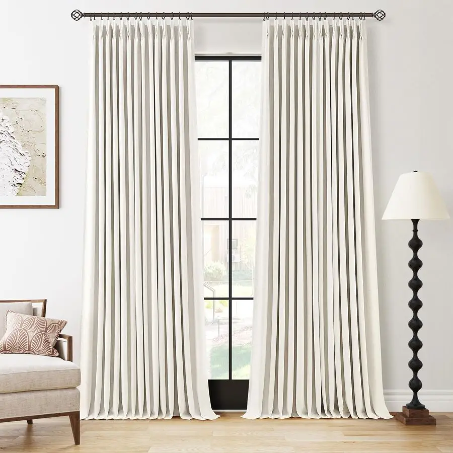 

Blackout Pinch Pleated Curtains Linen 90 Inches Long for Bedroom 2 Panels Set Full Black Out Thermal Insulated Curtain Natural B