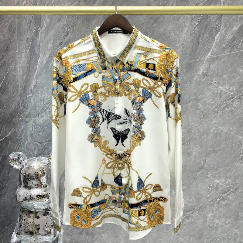 2023 High Quality Streetwear Korean Men Black Gold Baroque Print Flower Shirt Men Slim Fit Dress Shirt Social Camisa Masculina