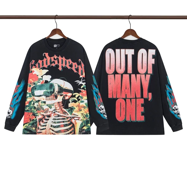 

Godspeed VR Glasses Skull Fre Print Vintage Waed Loose Long Sve T-irt ex Street Sle Cotton round Ne Top